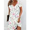 Casual jurken zomer korte mouwen v-hals dames kleden retro bloemenprint mini grote size 6xl elegante dame knielengte