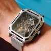 Montre-bracelets Mysterous Code Men Automatic Watch Rectangle Luxury Montres Mécanique montre à la bracelet étanche Sapphire Squelette Mesh Steel