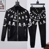 Philipe Plain Men 's Tracksuits Classic PP Skull Jogger Cotton 2 피스 지퍼 후드 라인 스톤 스웨트 셔츠 바지 스포츠웨어 캐주얼 크리스탈 슈트 까마귀와 바지