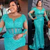 Evening Sparkly Mermaid Turquoise Dresses Sequins Beaded Long Sleeves Jewel Neck Custom Made Formal Ocn Wear Arabic Prom Gown Vestidos