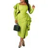 Robes décontractées prowow femme élégante robe maxi couleur green carré collier de soirée soirée d'anniversaire usure 2024 Ruffle à manches longues