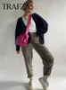 Calça feminina trafza feminino moda leopard leopard perna larga perna larga vintage alta cintura zíper calça primavera chique feminina streetwear