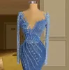Blauwe kolom Prom-jurken V-hals Lange-mouw vloerlengte Lace Design Appliques pailletten Beading beroemde avondjurken plus maat op maat gemaakte L24743