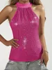 Damestanks lovertjes stropdas rose rode halter tops elegante bling mouwloze blouses voor zomer dames disco avondfeest sparyle kleding