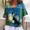 女性用TシャツレディースTシャツ3DかわいいキャットプリントVネックトップサマーニューカワイイアニマルショートスリープファッションルーズサイズ女性TOPL2405