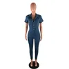 Women Jumpsuits Jeans Short Sleeve Night Club Denim Jumpsuits Rompers Long Pants One Piece Stretchy Rompers with Pocket