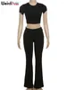 Pantalon à deux pièces pour femmes bizarre chat décontractée sur piste de survêtement 2 pièces ensemble à manches courtes solides tops crops flares skinny élastique streetwear assortiment