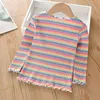 T-shirts Girls Rainbow Striped T-Shirt Spring And Autumn Daily Casual Children Comfortable Cotton Top Kids Long Sleeve Base ShirtL2405