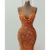 Mermaidjurken oranje sprankelende avond pailletten mouwloze spaghetti riemen ontwerper ruches op maat gemaakte formele ocn slijtage Arabische prom jurk vestidos