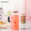 Gobelers 400 ml coeurs tasse en verre imprimé avec couvercle de bambou et jus de paille bière de lait peut élever le borosilicate de la Saint-Valentin présent H240506