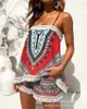 Damskie dresy plemienne druk Tassel Trim Cami Top Shorts Zestaw Kobiety Dwuczęściowe Y2K E-Girl Beach Dopasowanie wakacje Streetwear Boho