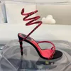 Rene Caovilla Kristall verziertes Strassheels Designer Sandalen Schlange Stiletto Heels Frauen High Heeled Luxus Designer Knöchel rundum Abendschuhe 9.5 cm