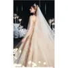 Ball Long High Wedding Neck Luxurious Dresses Sleeves Backless Shining Beaded Applicant Tulle Stain Layered Chapel Gown Custom Made Vestidos De Novia