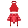 Röcke Damen Dessous Patent Leder O Ring Halfter Rückenless Crop Top mit eingebauten Tanga Rüschen Minirirt Party Pole Dancing Clubwear
