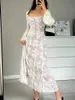 Women Beach Wear Floral Lace White Dress For Women Sexy Long Slve Square Neck Flower Tie-up Long Lace Midi Dresses For Wedding Y240504