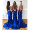 Robes de sirène bleue Royal Bridesmaid Spaghetti Backless Spaghetti Longueur de plancher en satin