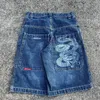 Y2K Shorts Denim Capris Harajuku Hip Hop Vintage Graphic Print Loose Mens Casual Straight Wide Leg Blue 240417