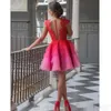 Homecoming afgedekte rode mouwen schattige kanten korte jurken fuchsia tule schep nek tweekleurige lagen rokstaartje feestjurk op maat gemaakt