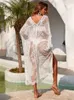 Women Beach Wear 2022 Nuovo Crochet White White Lace Knitting Beach Cover Up Dress Tunic Tunic Long Pareos Bikini Coperchio Ups Swim Abe Plage Beach Cover Up Y240504