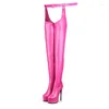 Laarzen Onlymaker Woman Round Toe Pink Platform Stiletto Rettery Panty in Fuchsia over de knie elastische slanke sexy