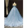 Kleiderkleid Abend Leichter Ball Himmel blau von Schulterhülsen und Applikationen Spitzen formelle Partykleid Vestidos de Quinceanera 0510