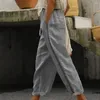 Calça feminina feminino lateral projeto oco de projeto elástico cor sólida com bolso decorativo de algodão linho calças de verão