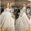3D Dresses Boho Gown Wedding Floral Bridal Lace Applique Scoop Neck Long Sleeves Ruched Pleats Sweep Train A Line Custom Made Plus Size Vestido De Novia
