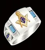 Men039S 925 Silver Silver Twotone 18 km jaune anneau Aquamarine Crystal Masonic Lodge Mason Ring Band Taille 7143361082