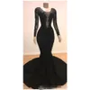 Prom mouwen zwarte jurken lange kanten applique illusie lijfje vegen trein sexy backless schep nek kralen plus size op maat gemaakte avondjurk