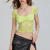 Kadın Tişörtleri Puloru Moda See-Through Sheer Sheer Feer Kısa T-Shirts Kollu Tweetheart Boyun mahsulü Sokak Temel Tees