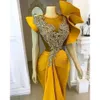 Zeemeermin prom gele jurken kristallen 2021 satijn sexy illusie lijfje op maat gemaakte ontwerper juweel nek ruches plus size avond feestjurk vestidos