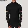 メンズTシャツファッションカジュアルスタイルのトップスメンハイカラーソリッドオールマッチカミゼタスタイリッシュな男性サイドフォークロングスリーブTシャツS-5XL