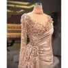 Вечерние платья розовая русалка Светло -дизайнер Стиал с длинными рукавами высокие шеи, сделанные с таковым, плюс, формальное хрустальное арабское аппликационное платье с арабскими арабскими бисером