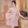 Robes décontractées en haute couture rose rose étincelante back arc perle luxe douce robe femme fête soirée sexy mini 2024 été