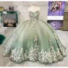 Halslijn plicht licht groen groene quinceanera dree sweetheart 3d bloemen applique kralen tule prom ball jurk cutom gemaakt zoet 16 verjaardagsfeestje formeel