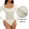 Women's Shapers GUUDIA Open Crotch Big U Neck Seamless Bodysuit Long Sleeve Spandex Elastic Body Suit Shapewear Tummy Control Waist