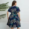 Sexy Vneck Plus Size Dress Elegant Leaf Print Maxi for Women Comfortable Summer with Elastic Outdoor 240430