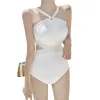 Anzüge 2023 sexy geschnitten ein Stück Badeanzug Frauen Solid weiße Badebekleidung offenem Rücken Monokini Mesh High Neck Halfter Badeanzug Schubpuppen nach oben