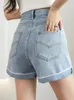 Kvinnors jeans avslappnade diamant breda ben denim shorts med hög midja manschetterade a-line byxor 2024 koreanska modekläder