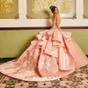 Платья кристаллы 2021 коралловый свет Quinceanera Beadered Scheetheart Searline Ruffles Emelcodery Satin Tule Prom Ball Gown vestidos