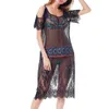 Women Beach Wear Female Lace S-Through Beach Cover Up Rayon Print Swimwear Women Sexy Off Shoulder Beach Long Dress Beach Tunic Long Kaftan Y240504