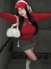 ADAGIRL RETRO Haftowa Red Women Sports T-shirt z długim rękawem amerykańska retro Y2K Tight Top Seksowna sukienka kobiet 240429