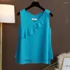 Dames t shirts chiffon voor vrouwen mouwloos vest vaste kleur ruches v-neck blouse tops