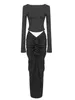 Robes de travail modphy 2024 noir 2 ensembles deux morceaux sets de femmes tenue à manches longues jupe drapée top saut en soirée femelle serrée