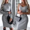 Vestidos de trabalho Mulheres elegantes conjunto de trajes de malha de duas peças de duas peças com bainha de decote em V sem mangas com manga comprida solta para