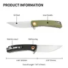 Tunafire Black/Green/Army Green/Folding Knife Высококачественное льняное волокно с шариком D2 Steel Blade Camping Outdoor Tool