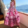 Lässige Kleider Spaghetti-Träger ärmellose sexy Strandkleid Wepbel Women Bohe Mode Druck Taille kontrollierte große Saum Maxi