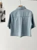 Blouses pour femmes Femmes Collier Bleu Bleu Short Shirt Fashion Fashion Single Breasted Pocket Pocket Short-Maleved Blouse Tops