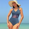 Women's Swimwear Solid Color Hanging Neck One Piece Swimsuits 2024 Woman Sexy Mesh Bikini High Waisted Backless Brazilian Beach Outfit