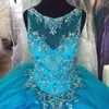 Robes de quinceanera à plusieurs cristaux 2021 Jupe turquoise perlée en tulle longueur de sol Corset Back Sweet 16 Prom Party Ball Ball